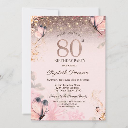 Lichten, bloemen roze vlinders 80e verjaardag kaart (Voorkant)
