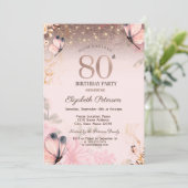 Lichten, bloemen roze vlinders 80e verjaardag kaart (Staand voorkant)