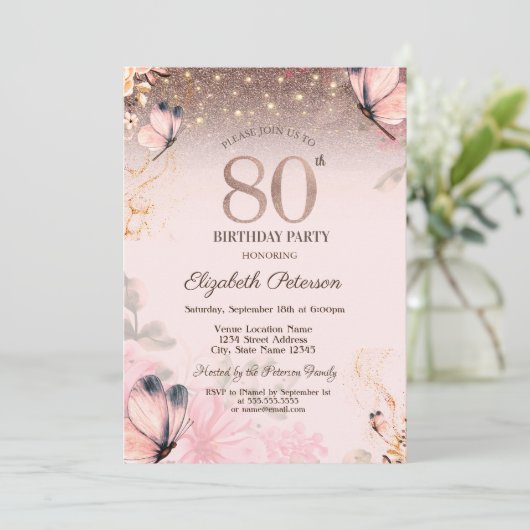 Lichten, bloemen roze vlinders 80e verjaardag kaart (Staand voorkant)