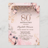 Lichten, bloemen roze vlinders 80e verjaardag kaart (Voorkant / Achterkant)