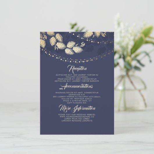 Lichten boom laat elegante bruiloft details invoeg informatiekaartje (Staand voorkant)