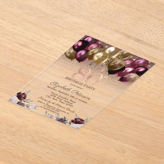 Lichten, Bourgogne Glitterballonnen 80ste verjaard Acryl Uitnodigingen (Laagn)