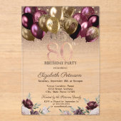 Lichten, Bourgogne Glitterballonnen 80ste verjaard Acryl Uitnodigingen (Voorkant)