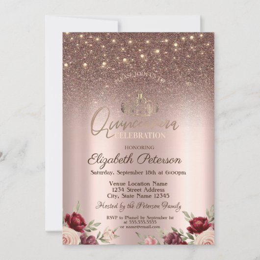 Lichten, Burgundy Glitter, Roos Gold Quinceañera Kaart (Voorkant)