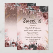 Lichten, Chic Flowers Glitter Sweet 16 Kaart (Voorkant / Achterkant)