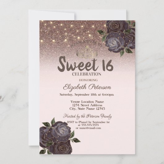 Lichten, Chic Rozen Glitter Sweet 16 Kaart (Voorkant)