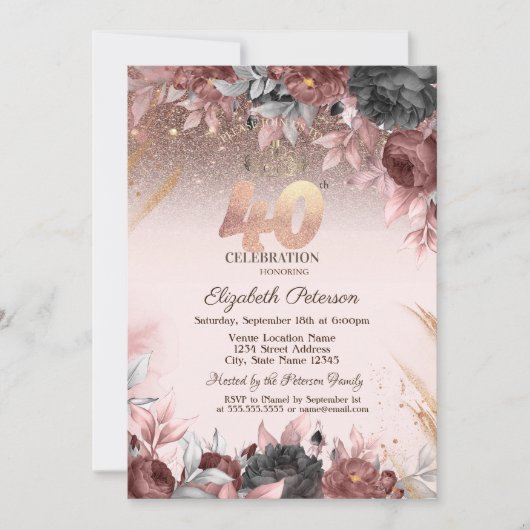 Lichten, chique bloemen glitter 40e verjaardag kaart (Voorkant)