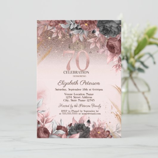 Lichten, Chique bloemen Glitter 70e verjaardag Kaart (Staand voorkant)