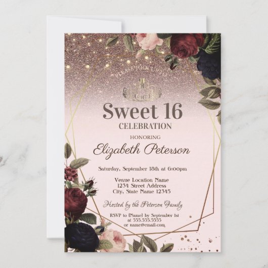 Lichten, donkere bloemen Glitter Sweet 16 Kaart (Voorkant)