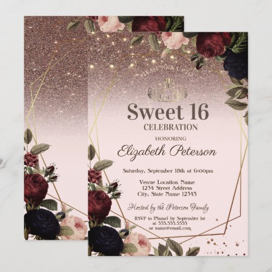 Lichten, donkere bloemen Glitter Sweet 16 Kaart (Voorkant / Achterkant)