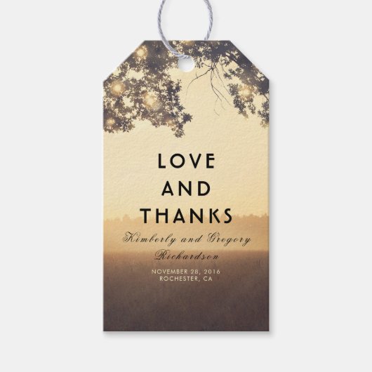 Lichten en boom takken rustieke bruiloft cadeaulabel (Voorkant)