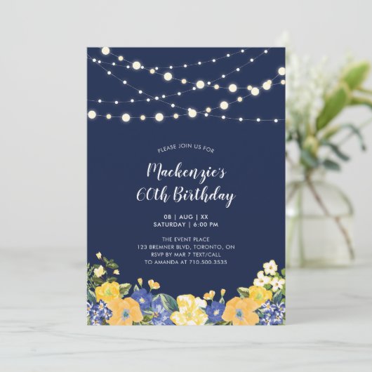 Lichten en marineblauw Floral Adult Birthday Kaart (Staand voorkant)