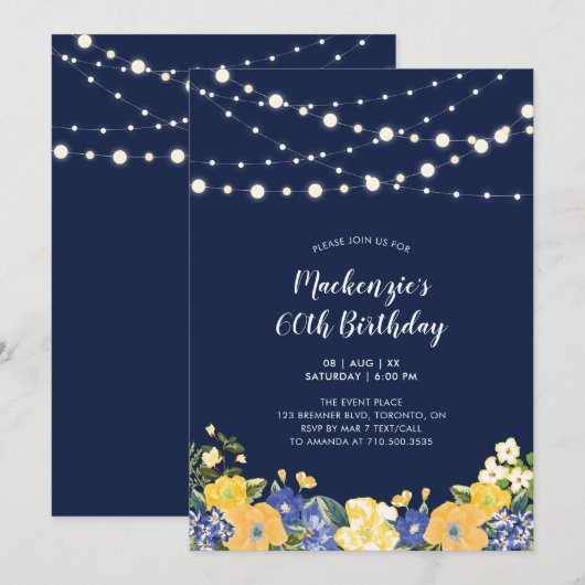 Lichten en marineblauw Floral Adult Birthday Kaart (Voorkant / Achterkant)