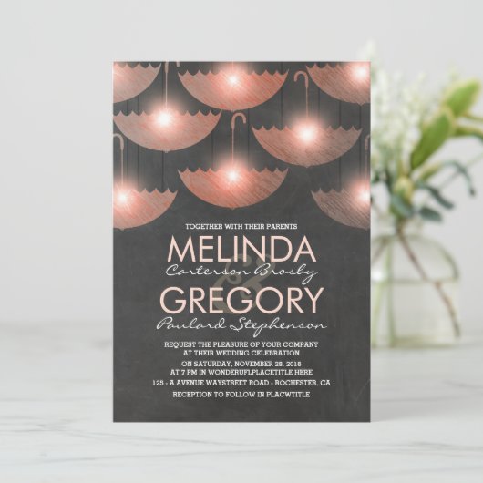 Lichten en Paraplu's Krijtbord Roze Bruiloft Kaart (Staand voorkant)