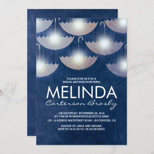 Lichten en paraplu's Navy Blue Vrijgezellenfeest Kaart (Voorkant / Achterkant)