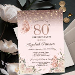 Lichten, Flowers Glitter Bitterflies 80th Birthday Kaart<br><div class="desc">Een modern,  chic en glamoureus QUINCEAÑERA met een elegante gouden tiara,  snaarlichten,  glittervlinders en roze bloemen.</div>