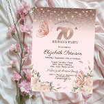 Lichten, Flowers Glitter Butterflies 70th Birthday Kaart<br><div class="desc">Een moderne,  chique en glamoureuze uitnodiging met een elegante gouden tiara,  strijklichten,  glittervlinders en roze bloemen.</div>