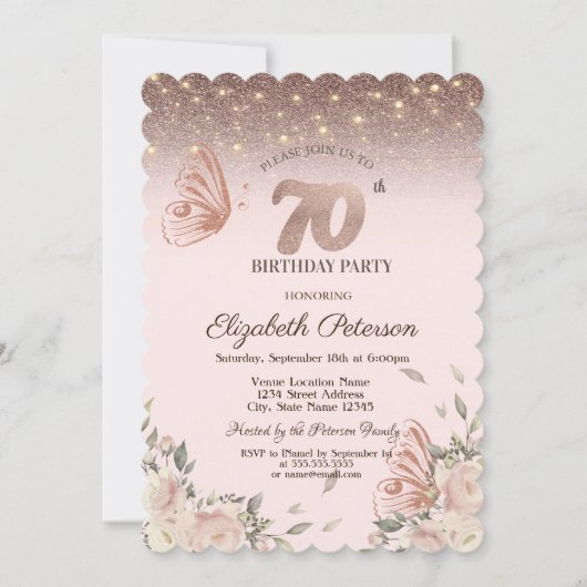 Lichten, Flowers Glitter Butterflies 70th Birthday Kaart (Voorkant)