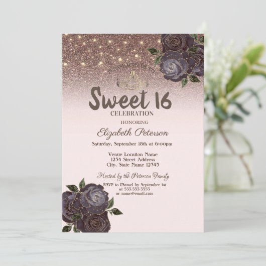 Lichten, grafische Rozen Glitter Sweet 16 Kaart (Staand voorkant)
