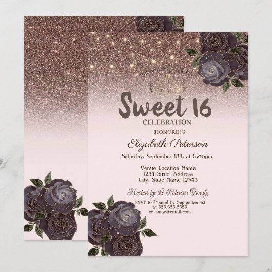 Lichten, grafische Rozen Glitter Sweet 16 Kaart (Voorkant / Achterkant)