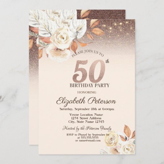 Lichten, Herfstbloemen Glitter Bokeh 50e verjaarda Kaart (Voorkant / Achterkant)