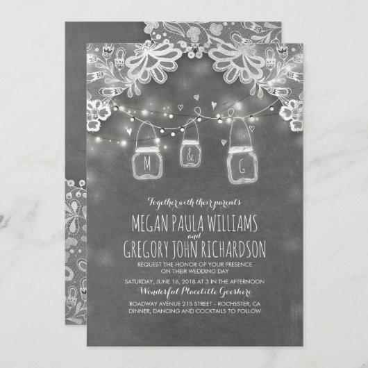 Lichten Mason Jars Elegante Kant Rustieke bruiloft Kaart (Voorkant / Achterkant)