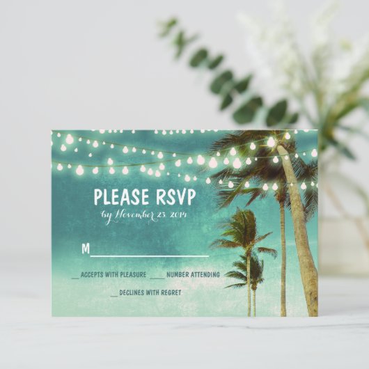 lichten & palmbomen strand blauwgroen bruiloft RSV RSVP Kaartje (Staand voorkant)