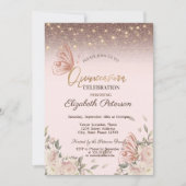 Lichten, Roze Bloem Glitter Vlinders Quinceañers Kaart (Voorkant)
