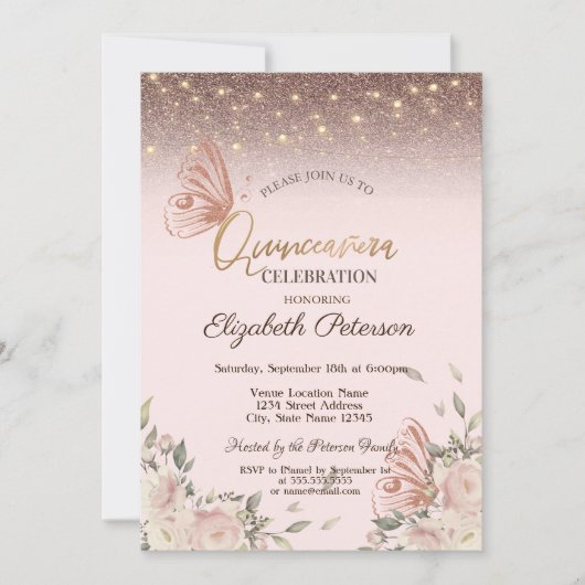 Lichten, Roze Bloem Glitter Vlinders Quinceañers Kaart (Voorkant)