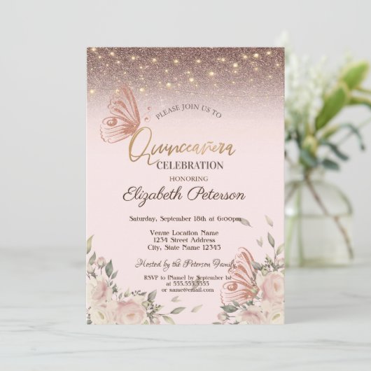 Lichten, Roze Bloem Glitter Vlinders Quinceañers Kaart (Staand voorkant)