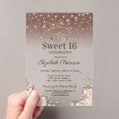 Lichten, Roze Bloemen Glitter Sweet 16 Acryl Uitnodigingen (Insitu (Draagbaar))