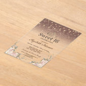 Lichten, roze bloemen Glitter Sweet 16 Acryl Uitnodigingen (Laagn)