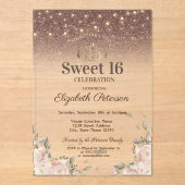 Lichten, roze bloemen Glitter Sweet 16 Acryl Uitnodigingen (Voorkant)