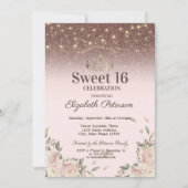 Lichten, roze bloemen Glitter Sweet 16 Kaart (Voorkant)