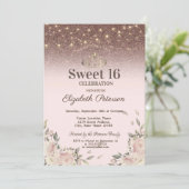 Lichten, roze bloemen Glitter Sweet 16 Kaart (Staand voorkant)