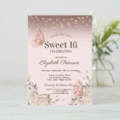 Lichten, Roze Bloemen Glitter Vlinders Sweet 16 Kaart (Staand voorkant)