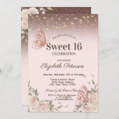 Lichten, Roze Bloemen Glitter Vlinders Sweet 16 Kaart (Voorkant / Achterkant)