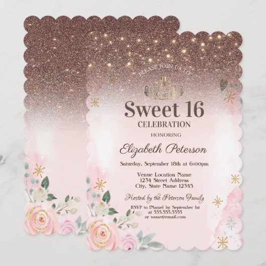 Lichten, roze bloemen Snowflakes Glitter Sweet 16 Kaart (Voorkant / Achterkant)