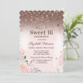 Lichten, roze bloemen Snowflakes Glitter Sweet 16 Kaart (Staand voorkant)