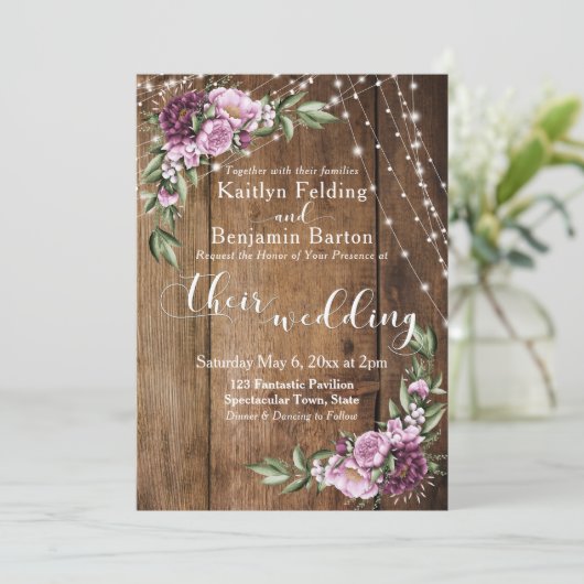 Lichten & Roze Pioenrozen Boeket, Rustiek Houten B Kaart (Staand voorkant)