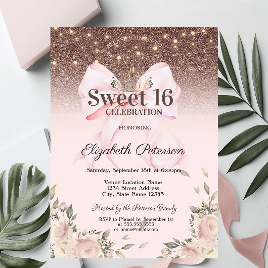 Lichten, Roze Strik Bloemen Glitter Sweet 16 Kaart