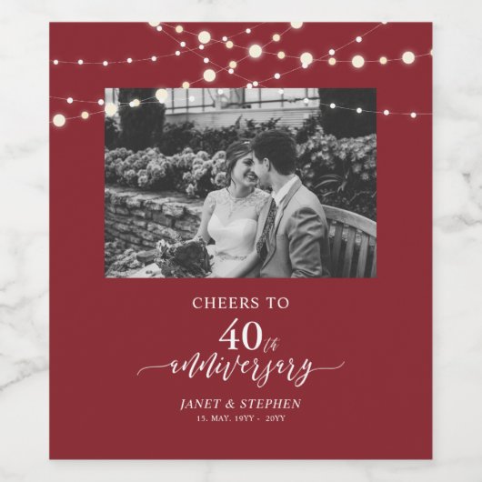 Lichten | Ruby Red 40th Wedding Jubileum Proost Wijn Etiket (Enkel label)