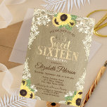 Lichten, Tiara, Lace Sunflower Kraft Sweet 16 Part Kaart<br><div class="desc">Zonnebloemen,  snaarlampen,  kant en gouden tiara op een kraftachtergrond.</div>