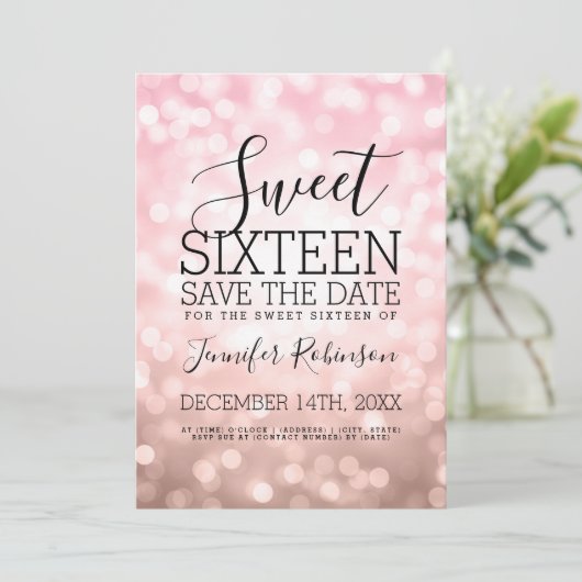 Lichten van 16 partijen met Blush Pink Glitter Save The Date (Staand voorkant)