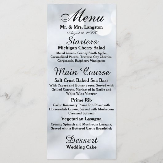 Lichten Wit Zilver Sparkle Glitter Receptie Menu (Voorkant)