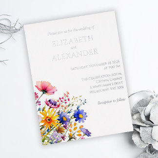 Lichtend Zilver en Wildbloemen Bruiloft Folie Uitnodiging Briefkaart