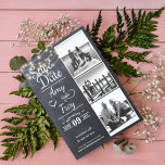 Lichtfoto van Chalkboard String | De Kaart Datum o<br><div class="desc">Rustic sparen de datumkaart met een achtergrond van het karton en koordlichten die 3 foto-afbeeldingen van uw keus kenmerken.</div>