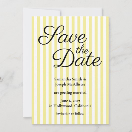 Lichtgeel en witte streep save the date (Voorkant)
