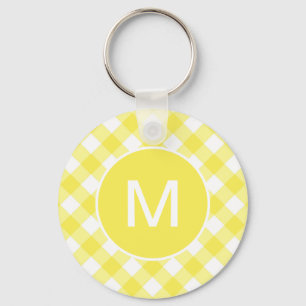 Lichtgeel Klassiek Gingham Patroon Monogram Sleutelhanger