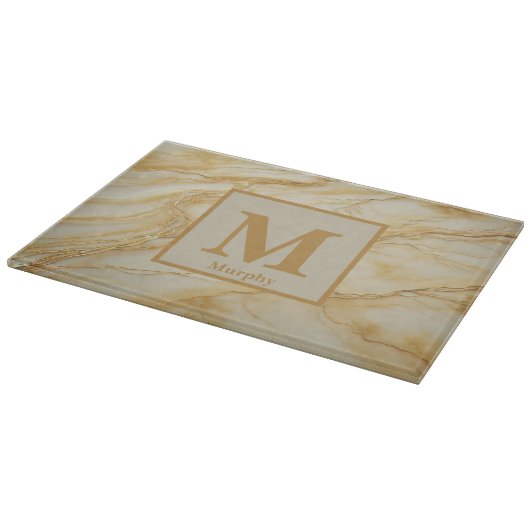 Lichtgeel marmer met bronzen aderen monogram snijplank (Hoek)